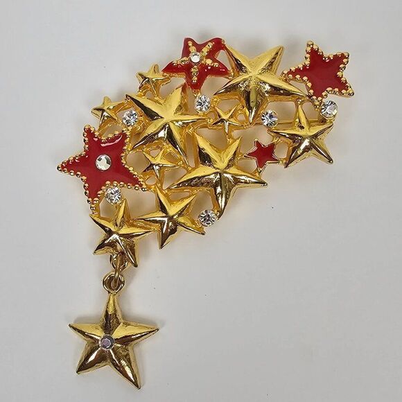 Unique Vintage Jewelry - Vintage Shooting Star Cluster Brooch Pin Massive Statement Red Enamel Rhinestone